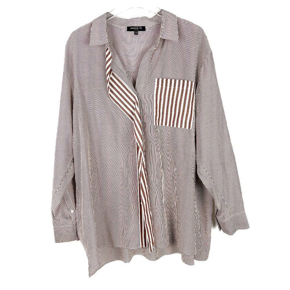 Lafayette 148 Tommy Blouse Micro Bayside Striped Brown Size XXL EUC L2499
